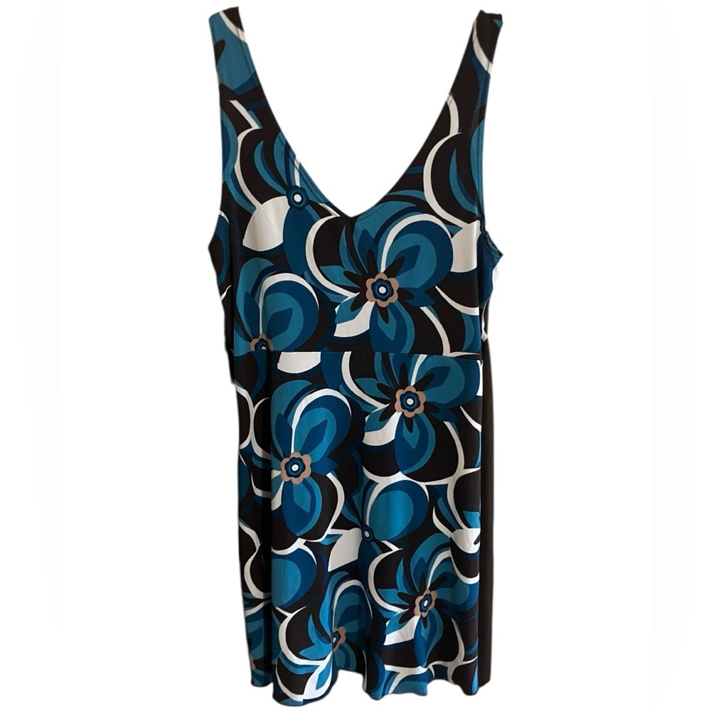 Y2K Blouse Top Dress IZ Byer Geometric Blue Brown Back Tie Button‎ Detail Small - Picture 2 of 11